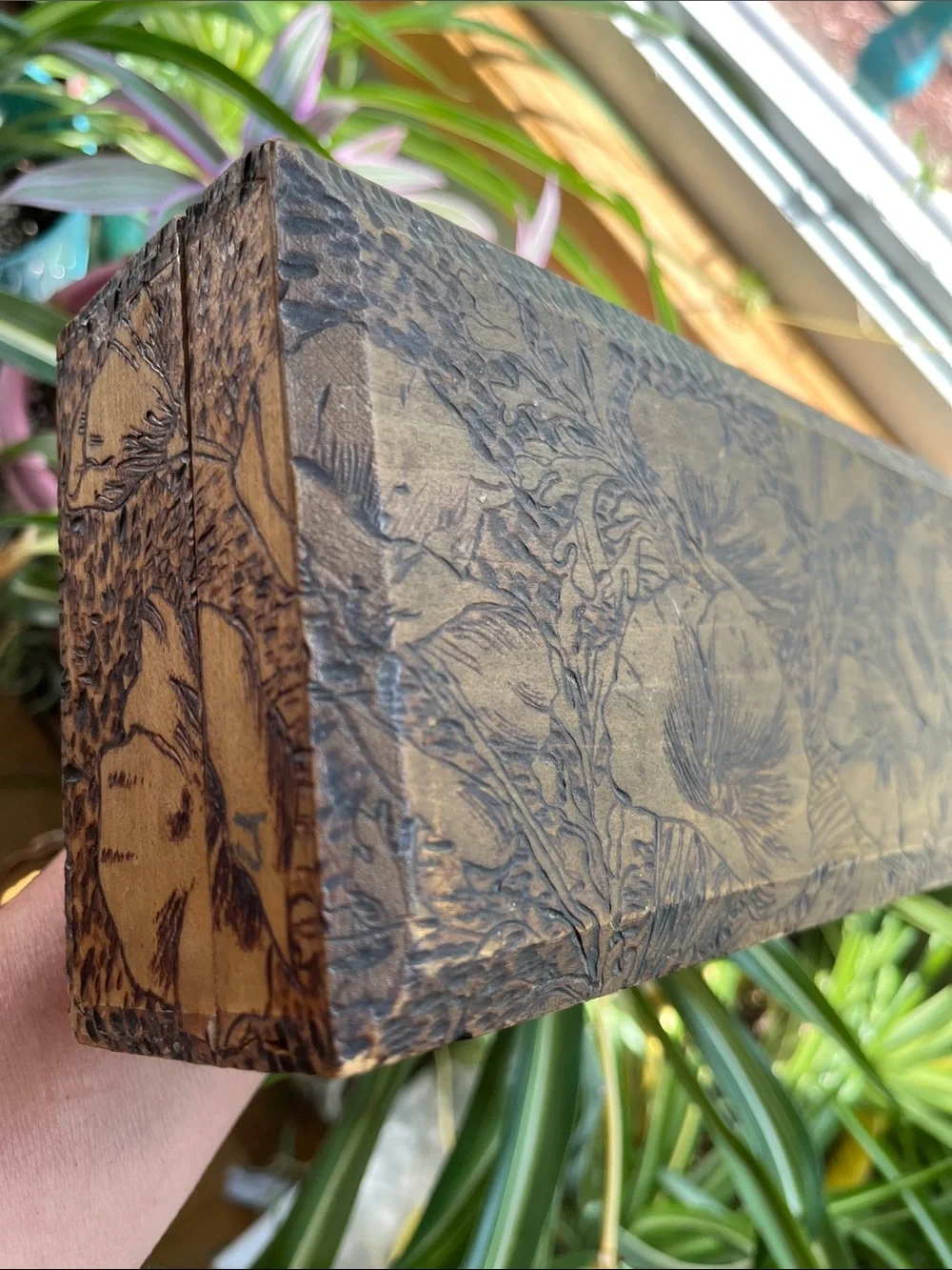 Vtg Pyrography Wooden Glove Jewelry Dresser Trinket Box Poppies Floral Design